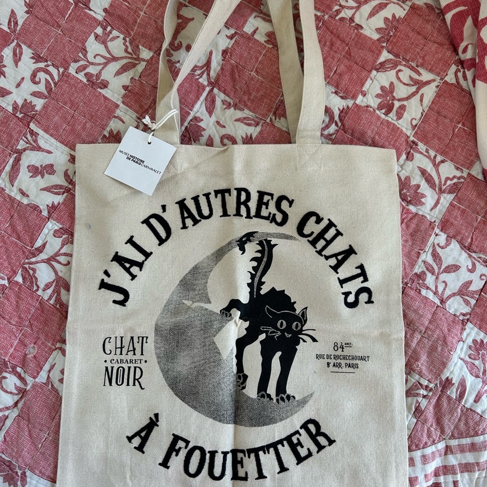 NWT French Beige Canvas Tote with Black Cat Design
